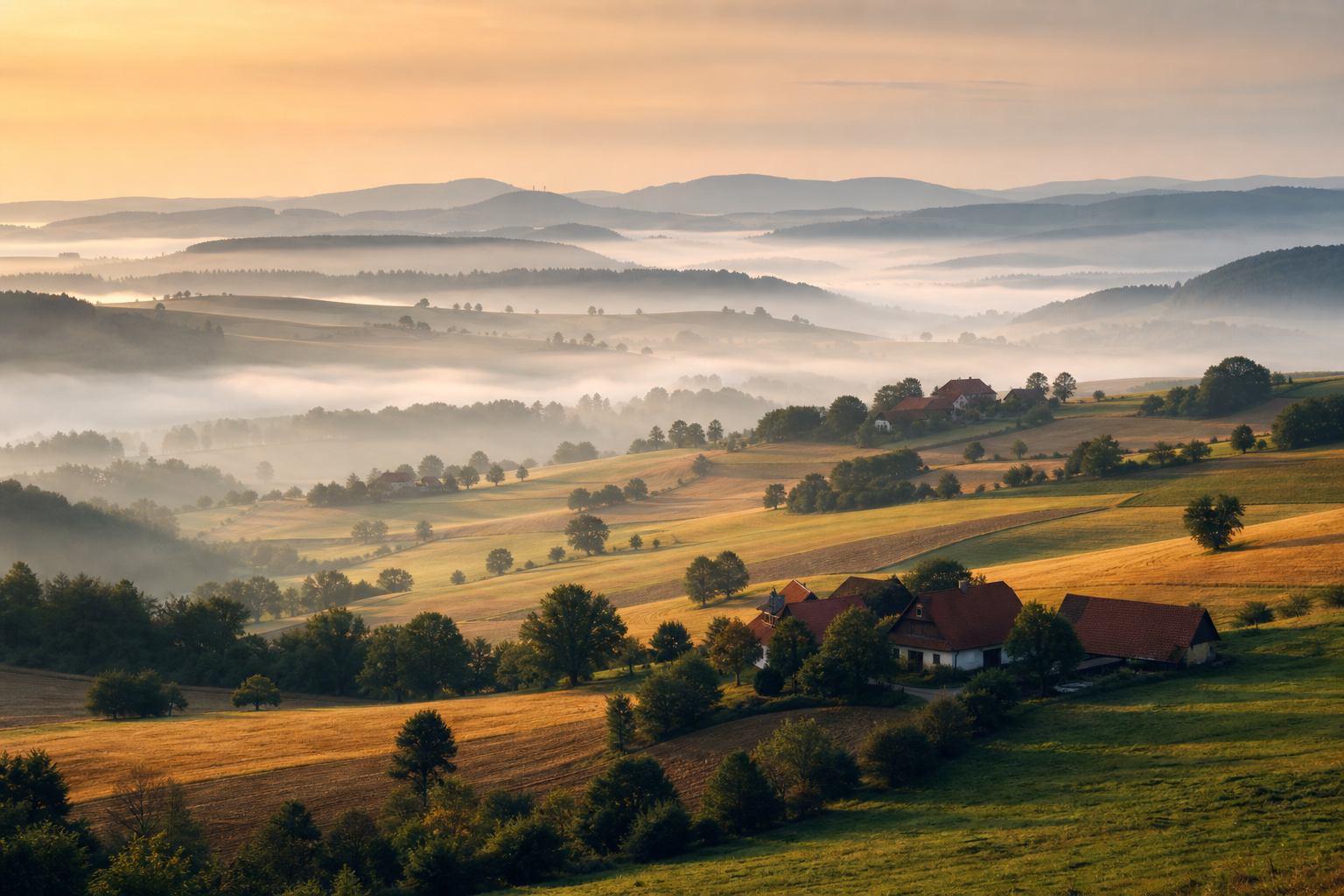Weite ländliche Landschaft mit Feldern, Dorf und fernen Hügeln in Deutschland