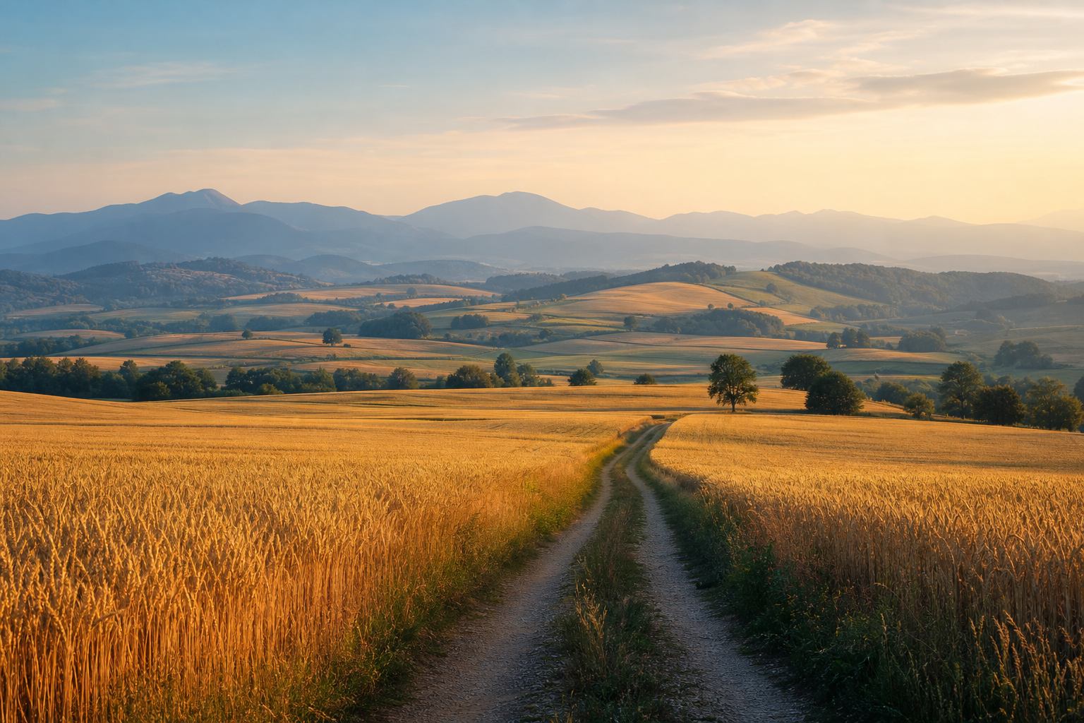 Goldene Felder und blaue Berglinien in einer weiten deutschen Landschaft