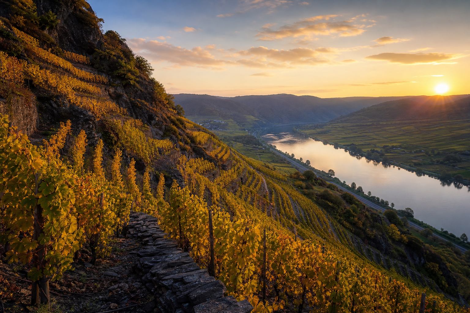 Steile Moselweinberge mit Flussschleife und terrassierten Hängen