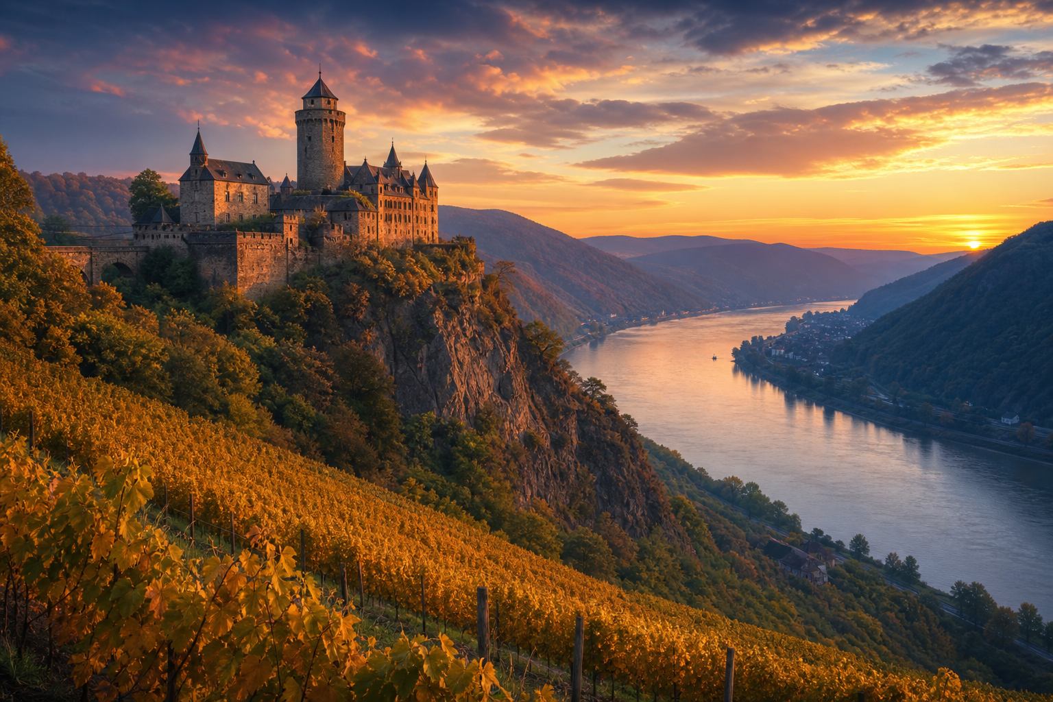 Mittelrhein mit Burgen auf Felsklippen und Flussschleife